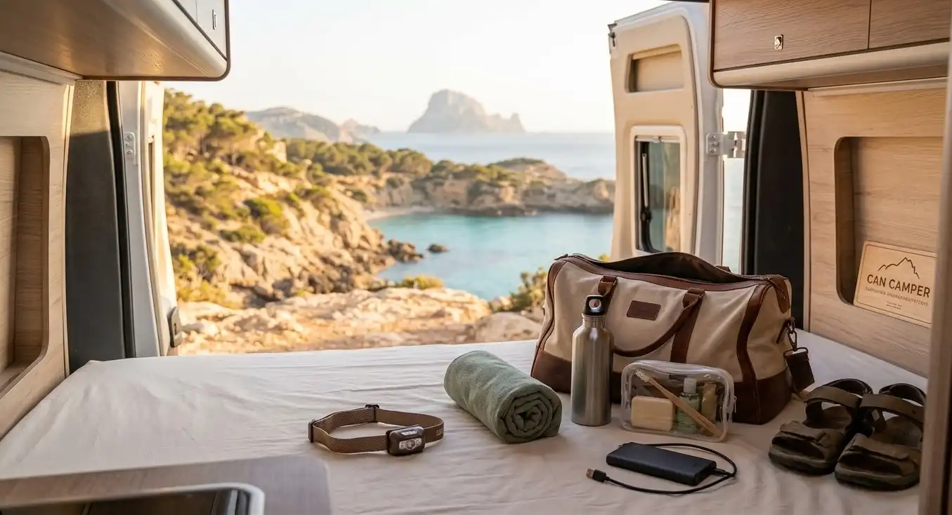 Sac préparé à l'intérieur d'un van aménagé avec vue sur la côte d'Ibiza, accessoires essentiels pour un voyage en camper