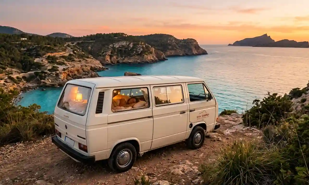 Camperbusje geparkeerd op een toegestane plek op Ibiza gedurende de nacht. Gids voor veilig overnachten met Can Camper.