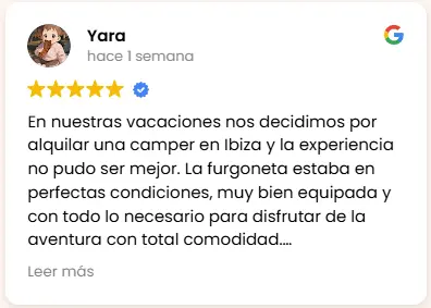 Reseña de 5 estrellas en Google de Yara sobre el alquiler de furgoneta camper en Ibiza con Can Camper
