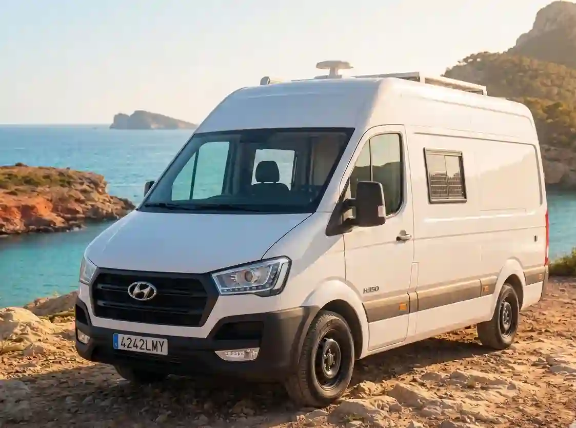 Furgoneta camper de alquiler Hyundai H350 La Diosa Tanit aparcada frente al mar en Ibiza