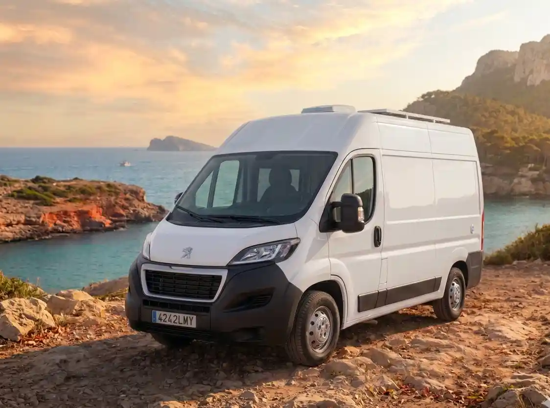 Furgoneta camper Peugeot Boxer de alquiler en un acantilado de Ibiza con vistas al mar durante el atardecer