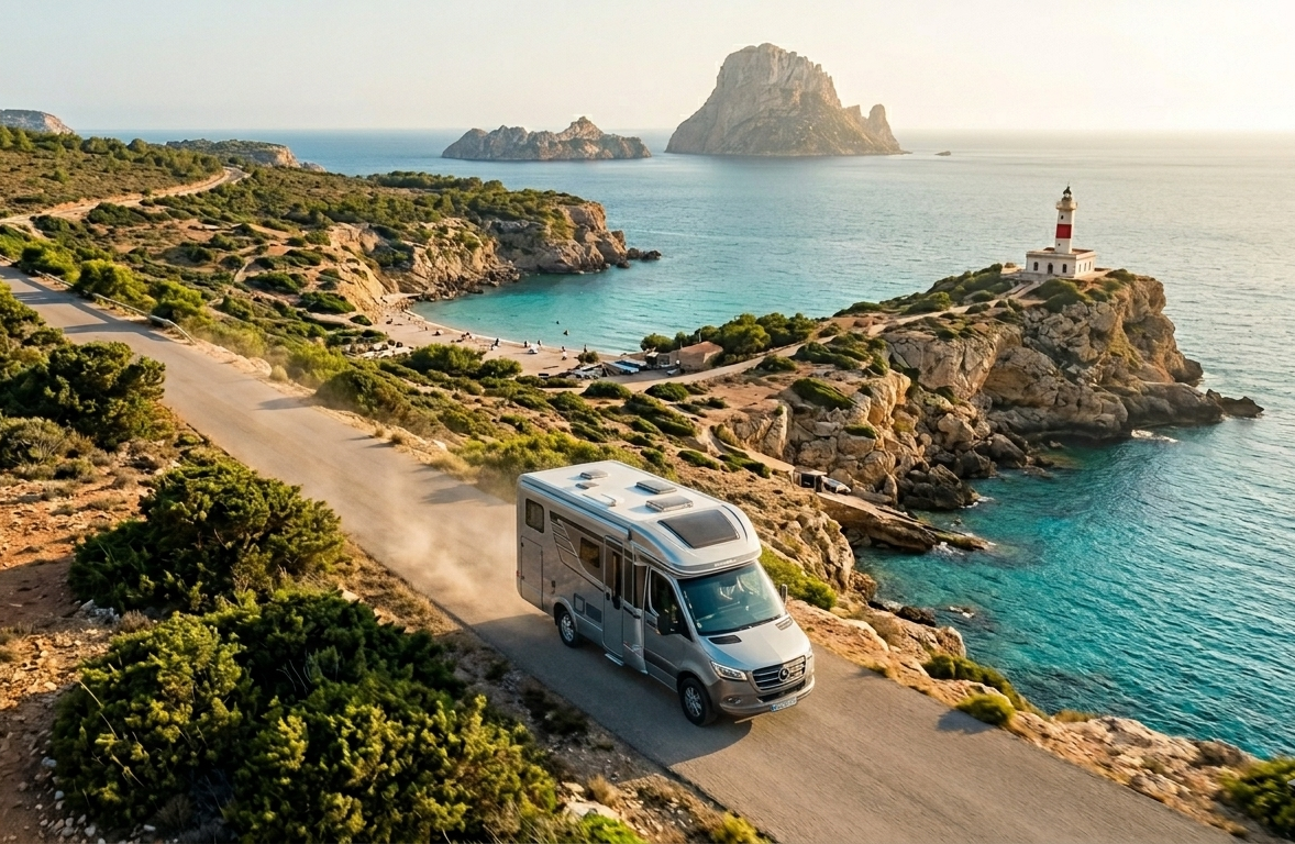 Modern camper van driving on a scenic coastal road in Ibiza with Es Vedra in the background.