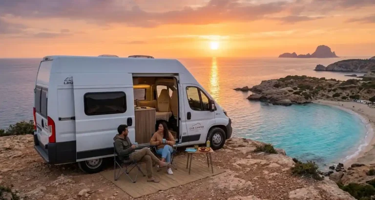Camper van facing the sunset at Benirràs, northern Ibiza. Magical sunset with Can Camper Adventure Club