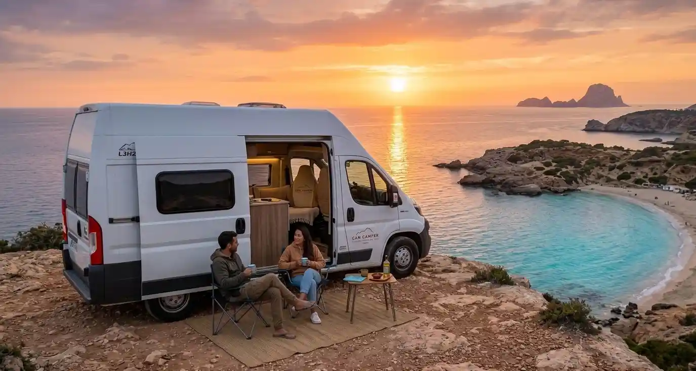 Van aménagé face au coucher de soleil à Benirràs, nord d’Ibiza. Coucher de soleil magique avec Can Camper Adventure Club