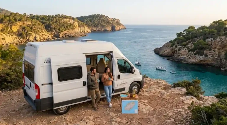 Camper van by the sea in a cove in northern Ibiza at sunset. Road trip around Ibiza with Can Camper Ibiza