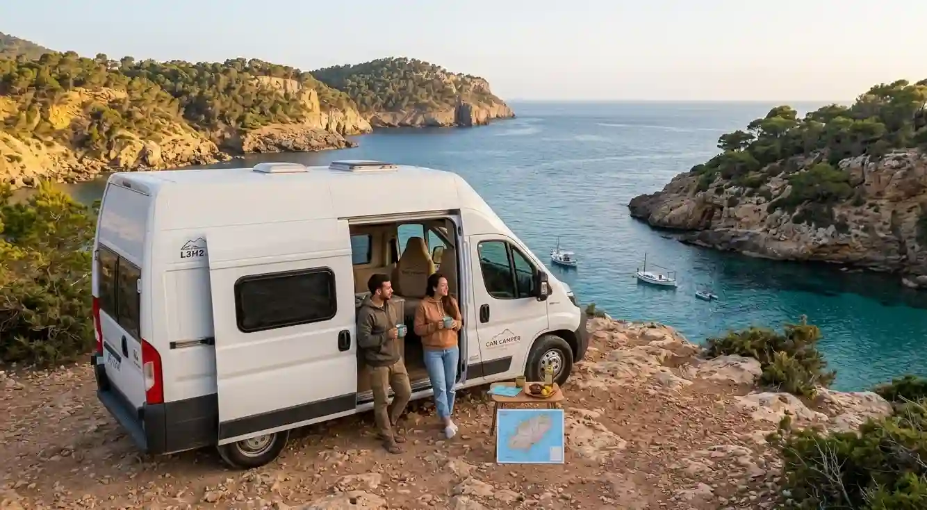 Camper van by the sea in a cove in northern Ibiza at sunset. Road trip around Ibiza with Can Camper Ibiza