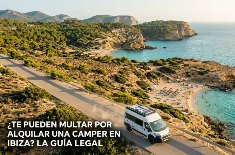 Furgoneta camperizada Peugeot Boxer circulando por una carretera de costa en Ibiza con vistas al mar y calas
