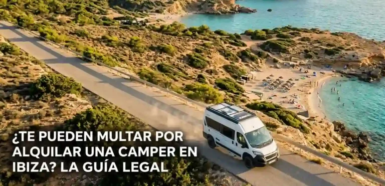 Furgoneta camperizada Peugeot Boxer circulando por una carretera de costa en Ibiza con vistas al mar y calas