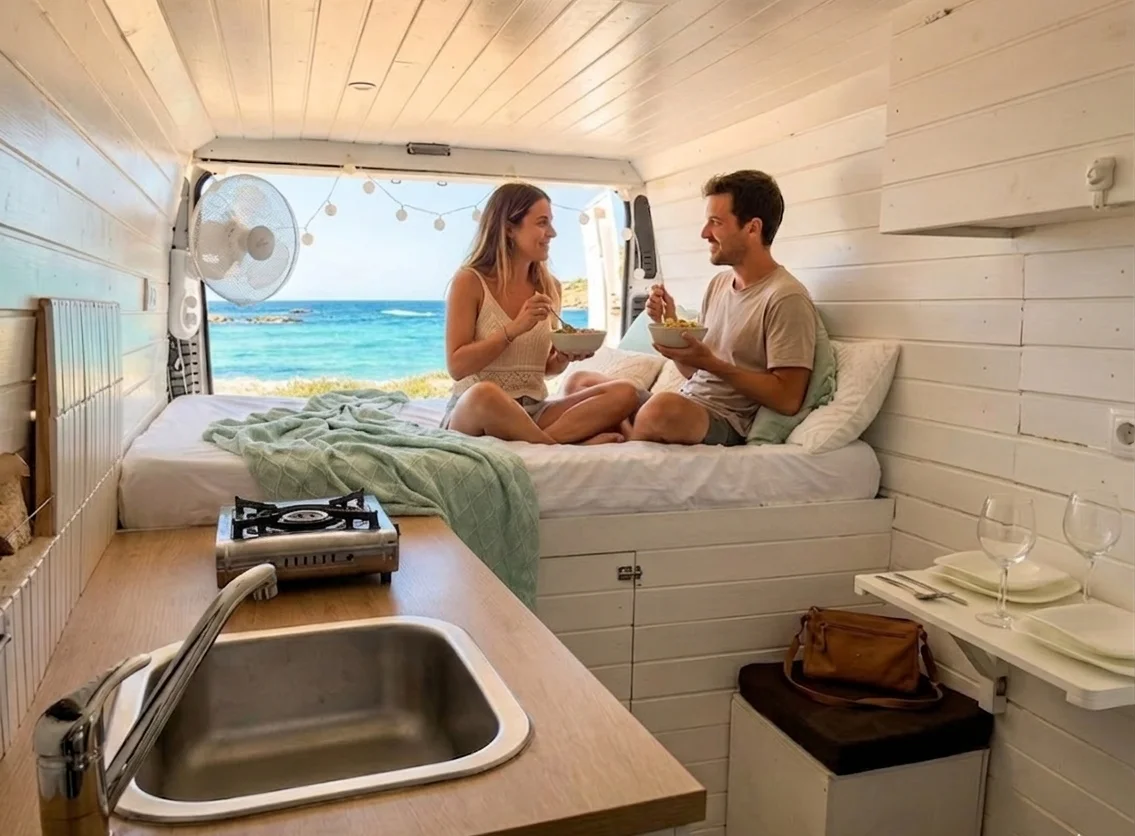 Pareja desayunando en el interior de una furgoneta camper Peugeot Boxer en La Blanquita, Ibiza