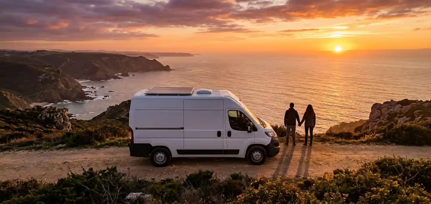 Pareja contemplando el atardecer junto a su furgoneta camper en un acantilado costero de Ibiza durante el mes de octubre